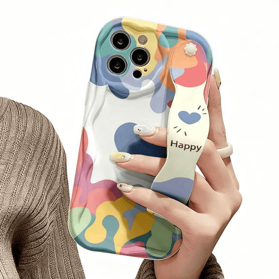 CoolDesignCase Colorful Graffiti Heart Soft Phone Case with Wrist Strap Anti-Drop Design for iPhone 17 Pro Max Hand Strap Holder Grip Shockproof Protective TPU Cover