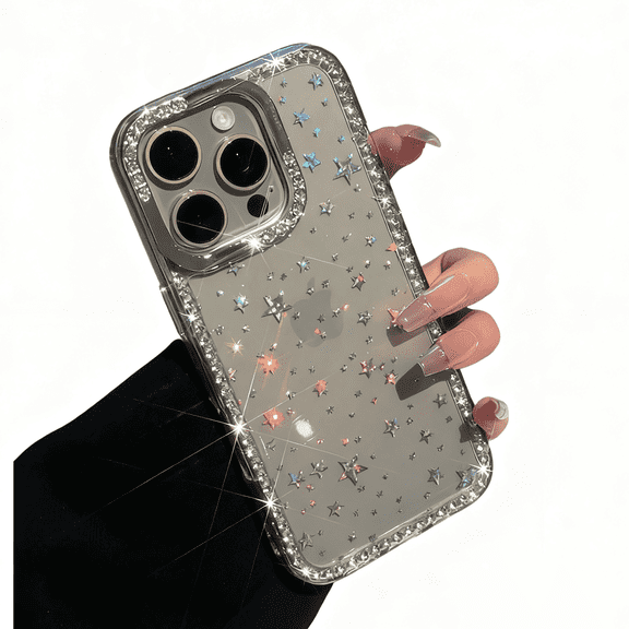 CoolDesignCase Luxury Bling Star Clear Phone Case with Rhinestone Border Sparkly Protective Cover for iPhone 16 Pro Max Shockproof Protective TPU+PC Crystal Edge Cover