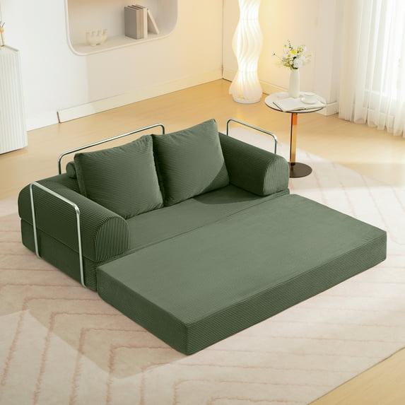 COOLHUT 63" W Convertible Sofa Bed, Foam Floor Sofa, Folding Sleeper Sofa Couch Bed with Six Frame, High Rebound Density Sofa, Corduroy Sofa Couch Bed for Living Room, Bedroom, Oliver Green