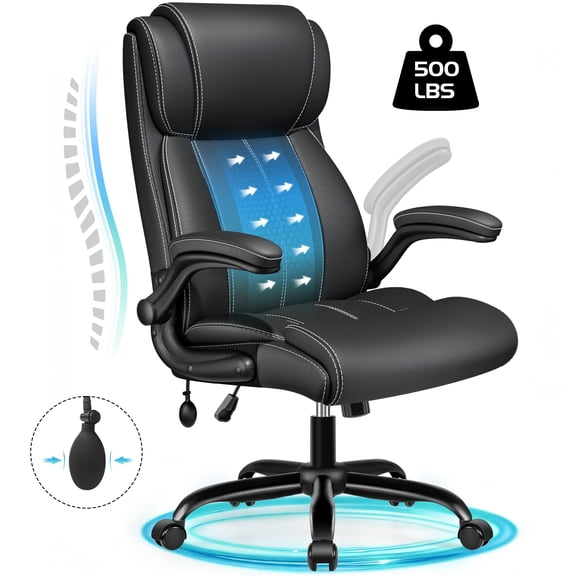 COOLHUT Big and Tall Office Chair 500LBS, Comfy Heavy Duty Executive Desk Chair with Adjustable Lumbar Support, Higth Back Computer Home Office Chair with Padded Flip -up Arms, Black