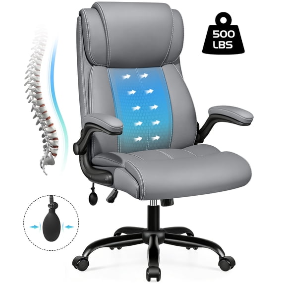 COOLHUT Big and Tall Office Chair 350LBS, Comfy Heavy Duty Executive Desk Chair with Adjustable Lumbar Support, Higth Back Computer Home Office Chair with Padded Flip -up Arms, Light Gray