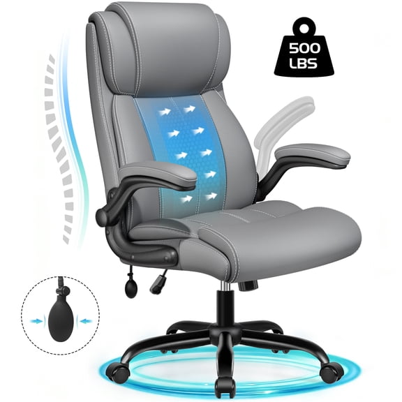 COOLHUT Big and Tall Office Chair 500LBS, Comfy Heavy Duty Executive Desk Chair with Adjustable Lumbar Support, Higth Back Computer Home Office Chair with Padded Flip -up Arms, Light Gray