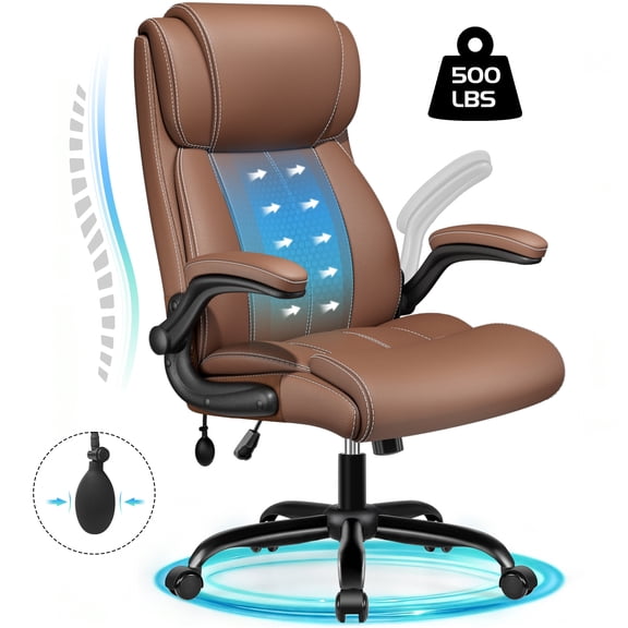 COOLHUT Big and Tall Office Chair 500LBS, Comfy Heavy Duty Executive Desk Chair with Adjustable Lumbar Support, Higth Back Computer Home Office Chair with Padded Flip -up Arms, Brown