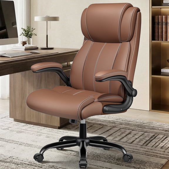 COOLHUT Big and Tall Office Chair 350LBS, Comfy Heavy Duty Executive Desk Chair with Adjustable Lumbar Support, Higth Back Computer Home Office Chair with Padded Flip -up Arms, Brown