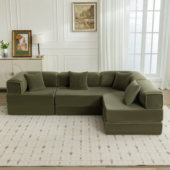 COOLHUT 106.3" W Combination Floor Sofa, High Rebound Density Sponge Sofa Couch, Modular Sectional Sofa L-Shape Corduroy Couch with Chaise, Big Comfy Sleeper Floor Sofa for Living Room,Olive Green