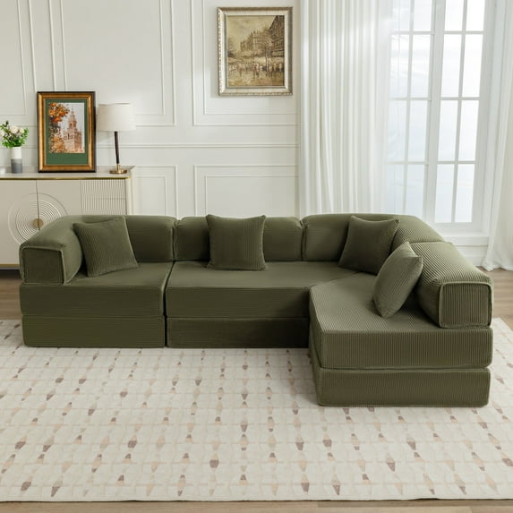 COOLHUT 106.3" W Combination Floor Sofa, High Rebound Density Sponge Sofa Couch, Modular Sectional Sofa L-Shape Corduroy Couch with Chaise, Big Comfy Sleeper Floor Sofa for Living Room,Olive Green