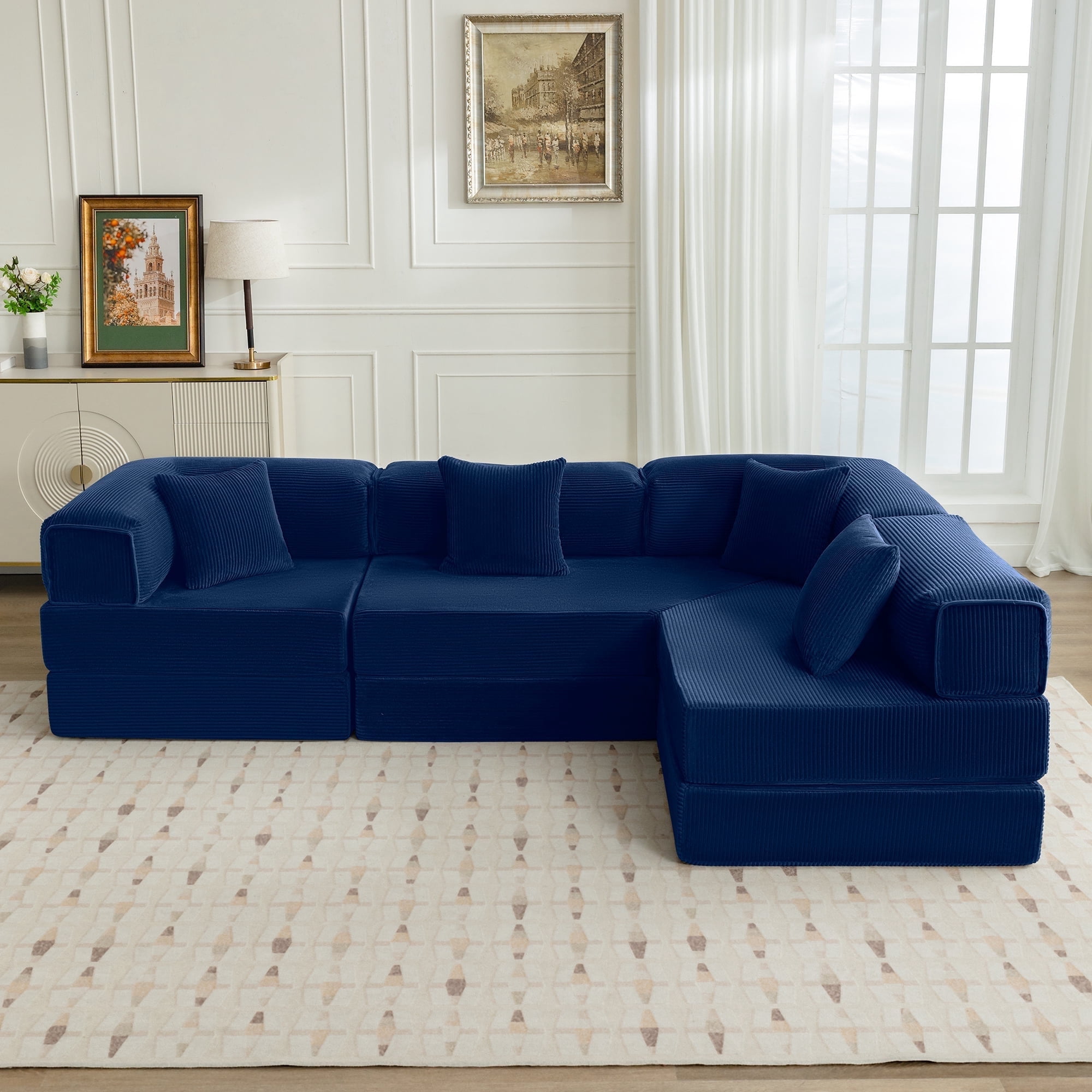 COOLHUT 106.3" W Combination Sofa, High Rebound Density Sponge Sofa Couch, Modular Sectional Sofa L-Shape Corduroy Couch with Chaise, Big Comfy Sleeper Floor Sofa for Living Room, Navy Blue
