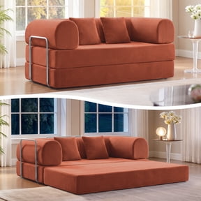 COOLHUT 63" W Convertible Boneless Sofa Bed, Folding Corduroy Sofa Couch, No Assembly Floor Sleeper Sofa Couch for Living Room, Bedroom, Pumpkin Brown