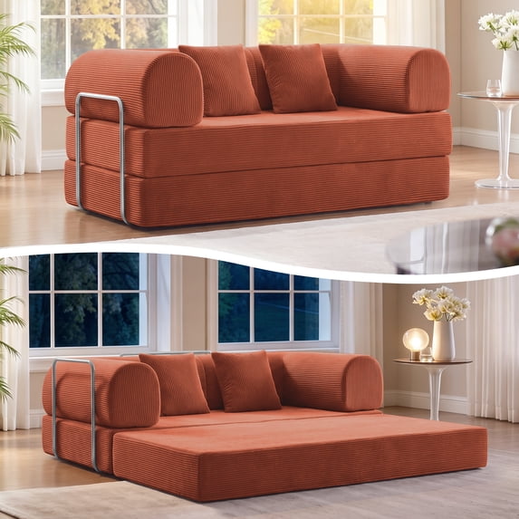 COOLHUT 63" W Convertible Boneless Sofa Bed, Folding Corduroy Sofa Couch, No Assembly Floor Sleeper Sofa Couch for Living Room, Bedroom, Pumpkin Brown