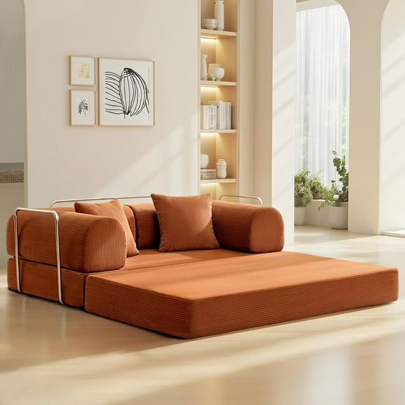COOLHUT 63" W Combination Sofa, High Rebound Density Sponge Sofa Couch, Two Forms Floor Couch Three Seats Sofa Bed for Living Room, Bedroom, Pumpkin Brown