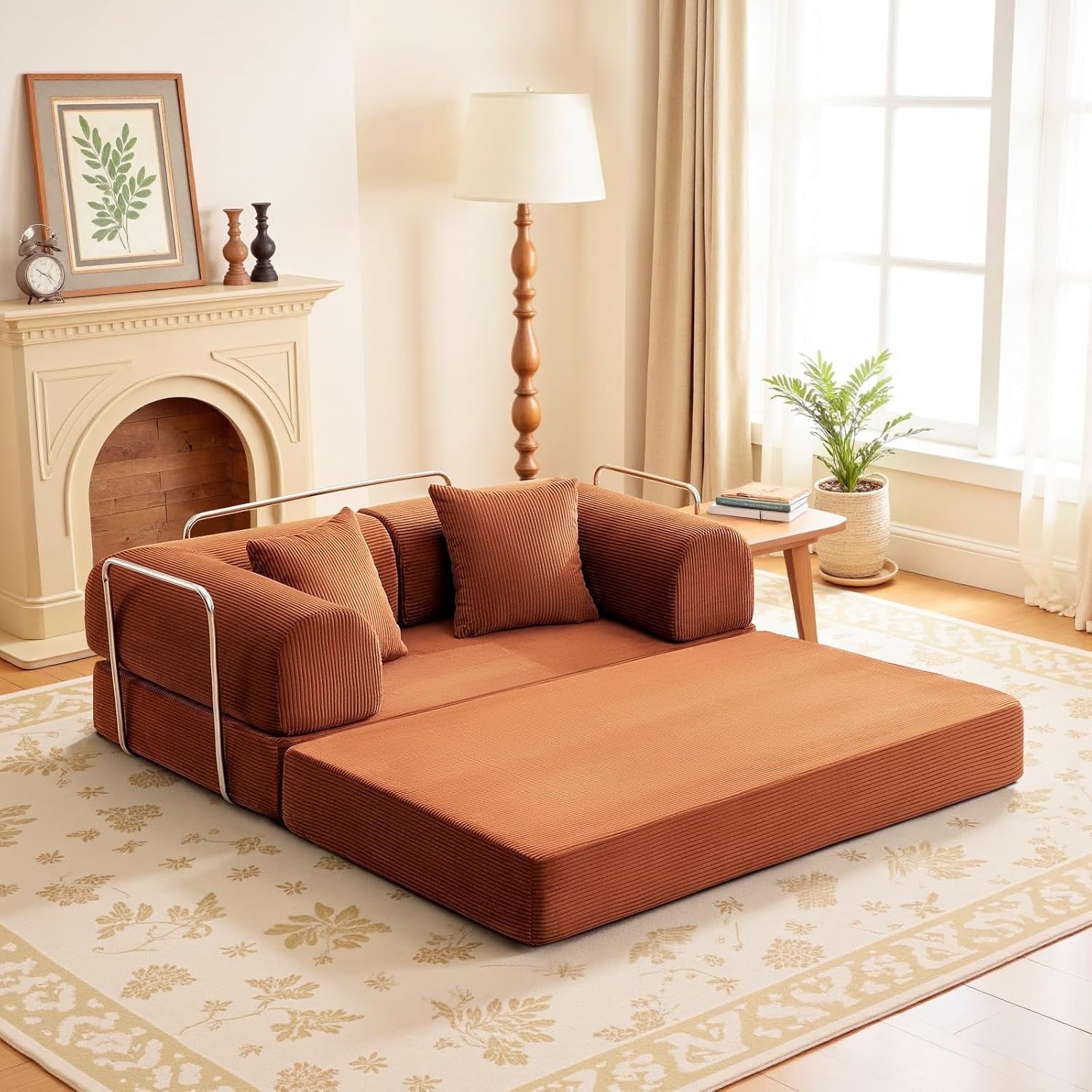 COOLHUT 63" W Combination Sofa, High Rebound Density Sponge Sofa Couch, Two Forms Floor Couch Three Seats Sofa Bed for Living Room, Bedroom, Pumpkin Brown