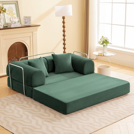 COOLHUT 63" W Combination Sofa, High Rebound Density Foam Sofa Couch, Two Forms Floor Couch Three Seats Sofa Bed for Living Room, Bedroom, Green