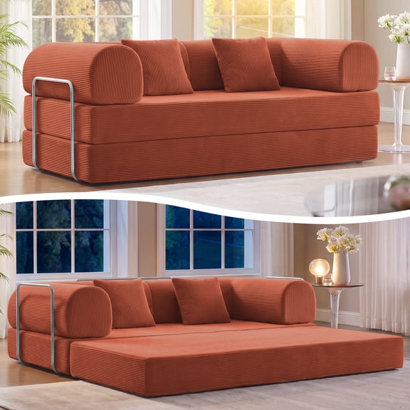 COOLHUT 78.7" Convertible Boneless Sofa Bed, Folding Corduroy Sofa Couch, No Assembly Floor Sleeper Sofa Couch for Living Room, Pumpkin Brown