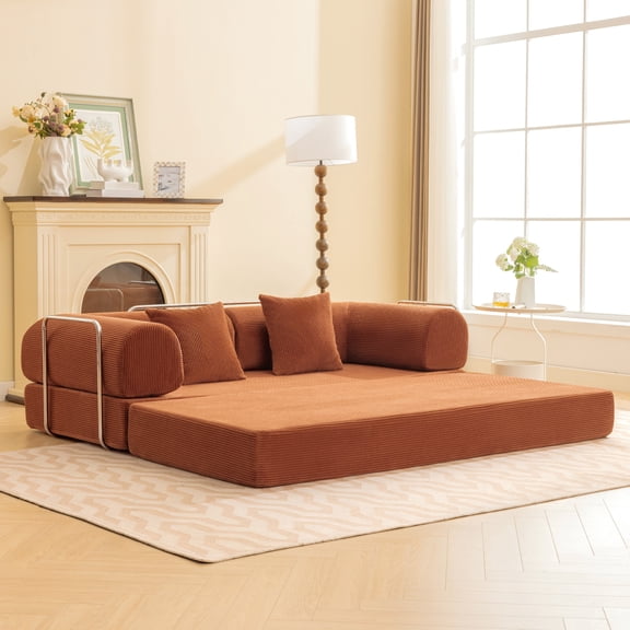 COOLHUT 78.7" W Combination Sofa, High Rebound Density Foam Sofa Couch, Two Forms Floor Couch Three Seats Sofa Bed for Living Room, Bedroom, Pumpkin Brown