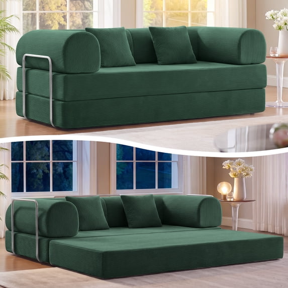 COOLHUT 78.7" Convertible Boneless Sofa Bed, Folding Corduroy Sofa Couch, No Assembly Floor Sleeper Sofa Couch for Living Room, Bedroom, Green