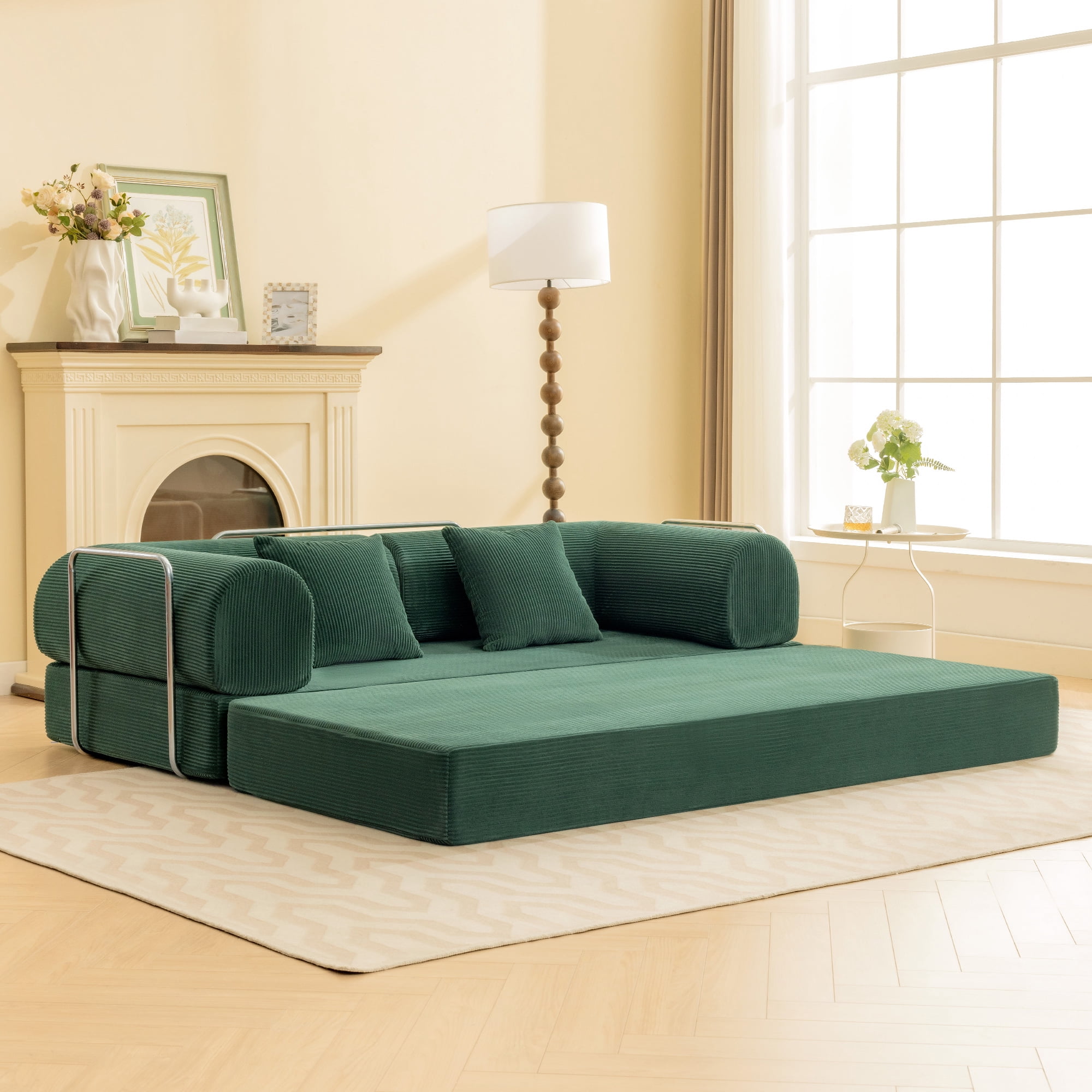 COOLHUT 78.7" W Combination Sofa, High Rebound Density Foam Sofa Couch, Two Forms Floor Couch Three Seats Sofa Bed for Living Room, Bedroom, Green