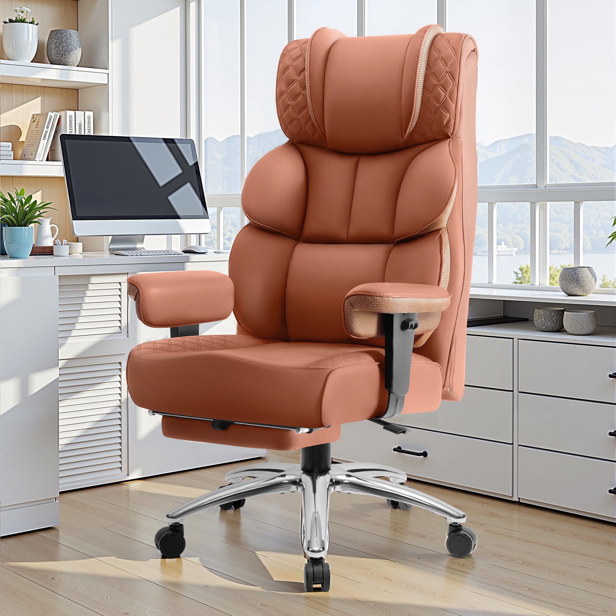 CoolHut Big and Tall Office Chair 400LBS, Adjustable Headrest Ergonomic Computer Desk Chair, Executive Leather Chair with Adjustable Armrest, High Back Office Chair Havy Duty Design, Brown