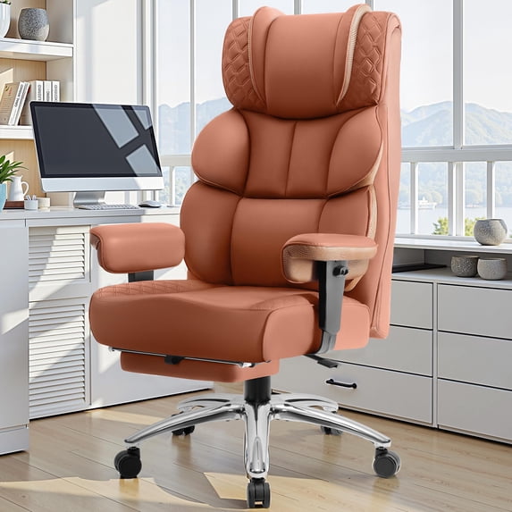 COOLHUT Big and Tall Office Chair 400LBS, Adjustable Headrest Ergonomic Computer Desk Chair, Executive Leather Chair with Adjustable Armrest, High Back Office Chair Havy Duty Design, Brown