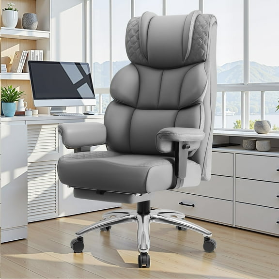 CoolHut Big and Tall Office Chair 400LBS, Adjustable Headrest Ergonomic Computer Desk Chair, Executive Leather Chair with Adjustable Armrest, High Back Office Chair Havy Duty Design, Gray