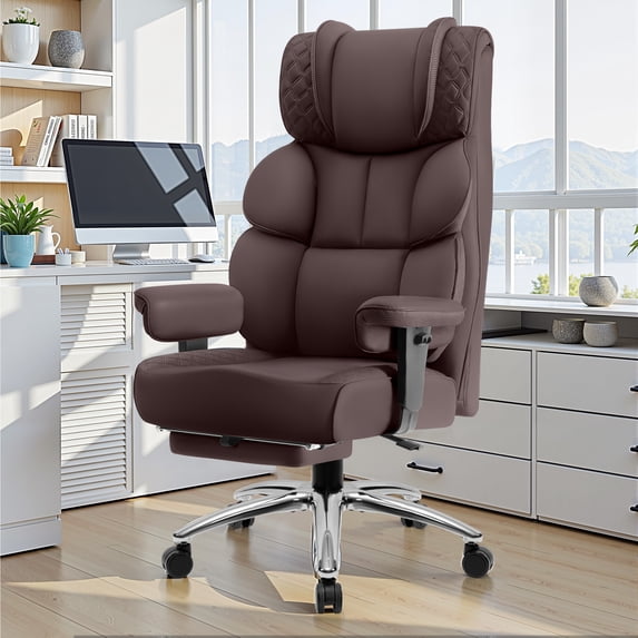 CoolHut Big and Tall Office Chair 400LBS, Adjustable Headrest Ergonomic Computer Desk Chair, Executive Leather Chair with Adjustable Armrest, High Back Office Chair Havy Duty Design, Coffee