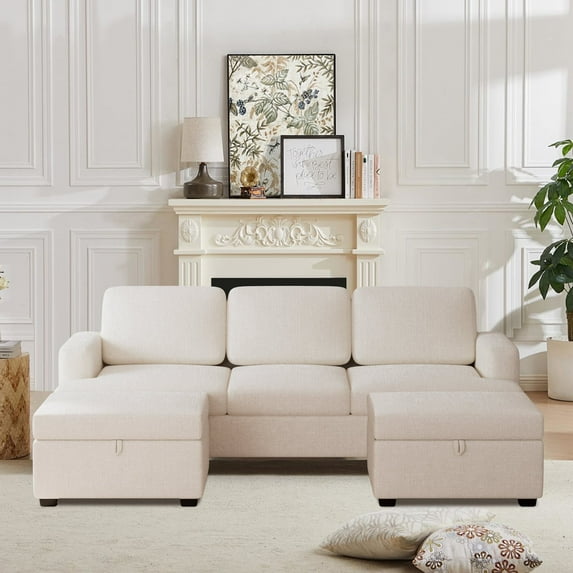 CoolHut Comfy Sectional Sofa Couch, U-Shaped 3 Seats Sofa with Reversible Storage Ottoman for Living Room, Upholstered Soft Sofa Couch with Chenille Fabric, Reovable Cover, Beige