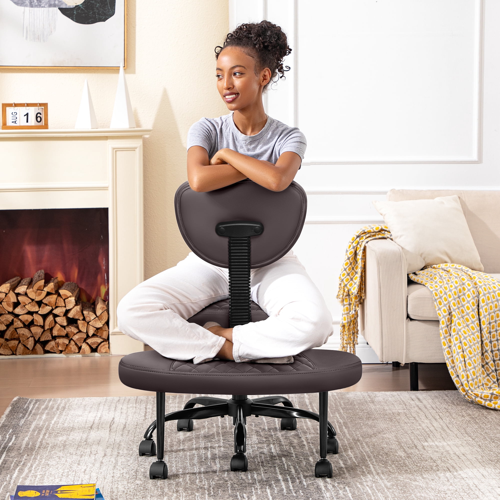 COOLHUT Cross Leg Office Chair, Adult ADHD Office Chair, Height Adjustable Yoga Office Chair, Meditation Chair with Lumbar Support, Home Office Kneeling Chair, Brown