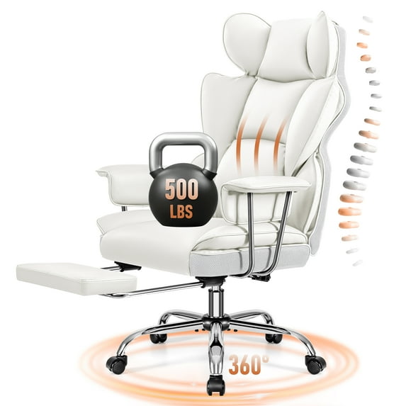 COOLHUT Big and Tall Office Chair 500LBS Wide Seat Ergonomic Computer Desk Chair, PU Leather Executive Office Chair with Footrest, Adjustable Task Chair Lumbar Back Support 8 Hour, White