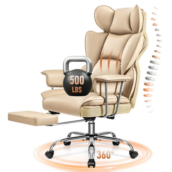 COOLHUT Big and Tall Office Chair 500LBS Wide Seat Ergonomic Computer Desk Chair, PU Leather Executive Office Chair with Footrest, Adjustable Task Chair Lumbar Back Support 8 Hour, Khaki