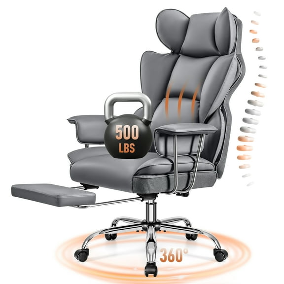COOLHUT Big and Tall Office Chair 500LBS Wide Seat Ergonomic Computer Desk Chair, PU Leather Executive Office Chair with Footrest, Adjustable Task Chair Lumbar Back Support 8 Hour, Gray