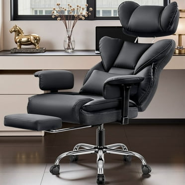 COOLHUT Big and Tall Leather Office Chair with Adjustable Headrest, Executive Computer Desk Chair with 3D Adjustable Padded Armrest, Ergonomic Office Chair with Thick Cushion & Lumbar Support, Black