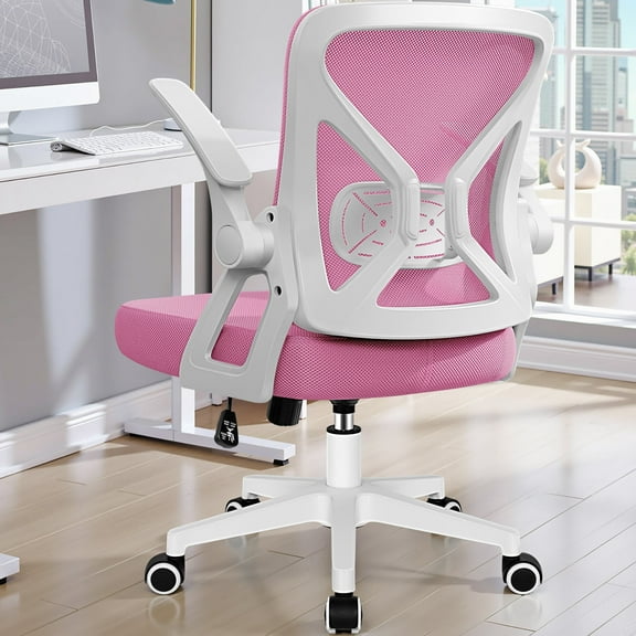 COOLHUT Ergonomic Office Chair, Comfort Home Desk Chair, Adjustable Dual Lumbar Support Mesh Chair with Flip-up Arms and Adjustable Height - Perfect for Home, Meeting Rooms, Pink
