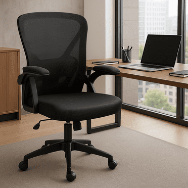 CoolHut Office Chair, Ergonomic Home Computer Desk Chairs, Comfy Breathable Mesh Chair with Adjustable Lumbar Support Flip-up Armrests, Black, 300lbs