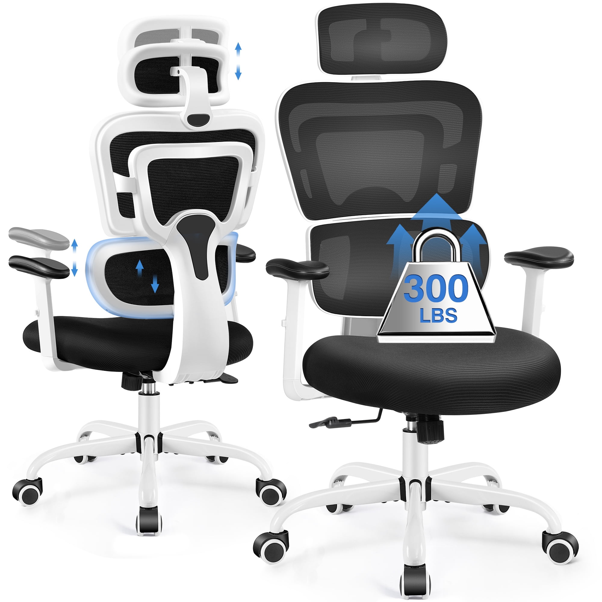 COOLHUT Ergonomic Office Chair, High Back Desk Chair, Breathable Mesh Computer Chair with Lumbar Support, Comfy Foam Cushion Home Office Chair, 300lbs, White