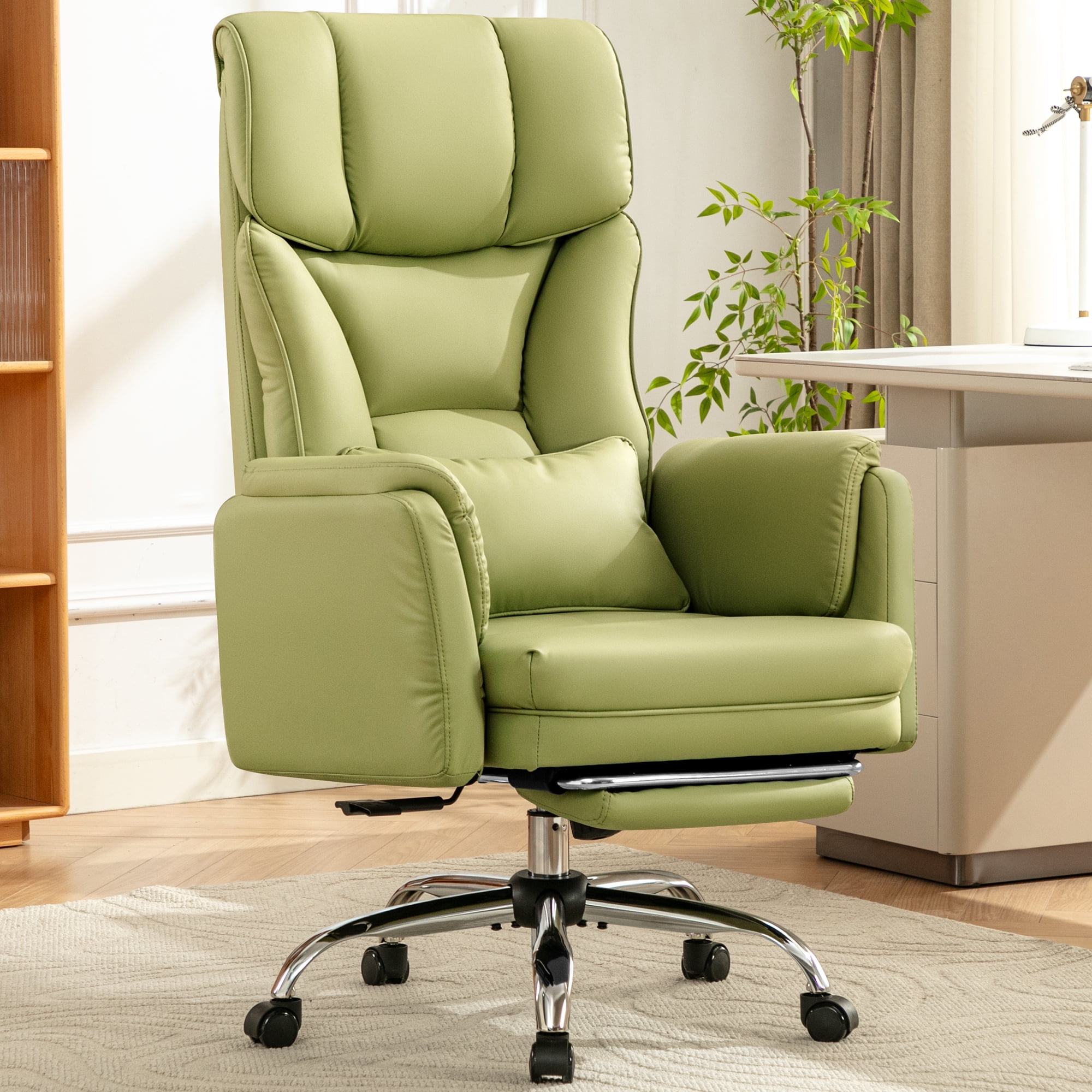 COOLHUT Big and Tall Office Chair, High Back Executive PU Leather Desk Chair with Footrest, Ergonomic Home Office Chair Computer Chair with Lumbar Support & Padded Armrest, Avocado Green