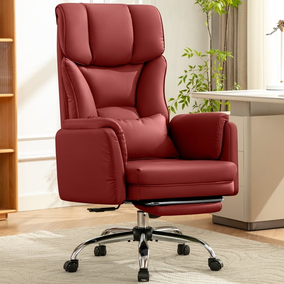 COOLHUT Big and Tall Office Chair, High Back Executive PU Leather Desk Chair with Footrest, Ergonomic Home Office Chair Computer Chair with Lumbar Support & Padded Armrest, Burgundy Red