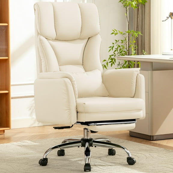 COOLHUT Big and Tall Office Chair, High Back Executive PU Leather Desk Chair with Footrest, Ergonomic Home Office Chair Computer Chair with Lumbar Support & Padded Armrest, Pearl White