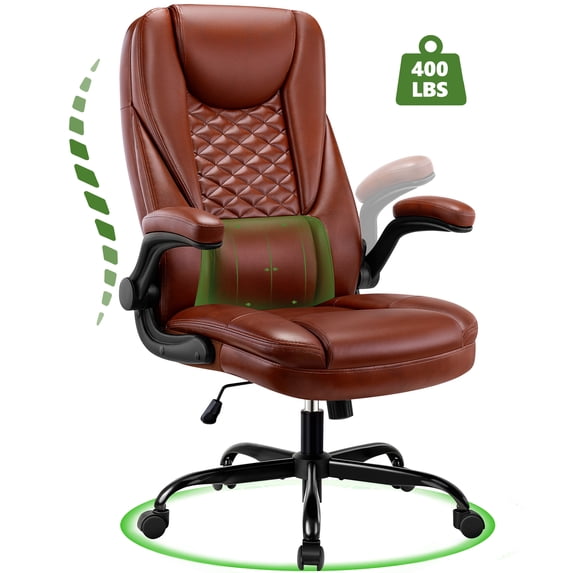 COOLHUT Executive Office Chair Home Office Desk Chairs, Ergonomic Computer Faux Leather Desk Chair with Adjustable Flip-Up Arms, Lumbar Support Swivel Task Chair with Rocking Function, Vintage Brown