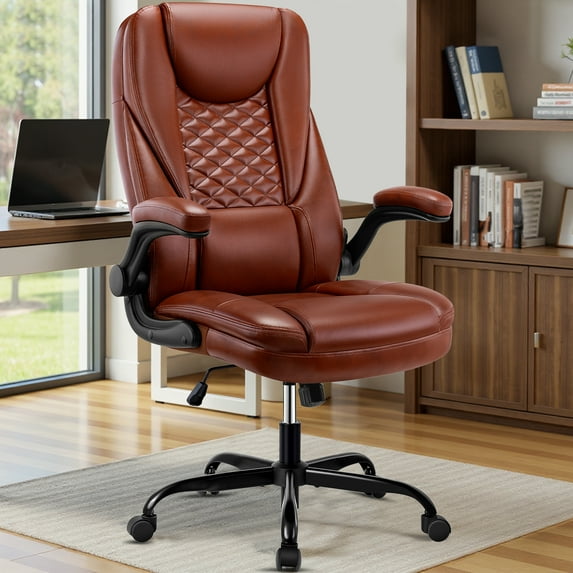 COOLHUT Big and Tall Office Chair, Executive Home Office Desk Chairs, Ergonomic Computer Faux Leather Desk Chair with Adjustable Flip-Up Arms, Lumbar Support Swivel Task Chair, Vintage Brown