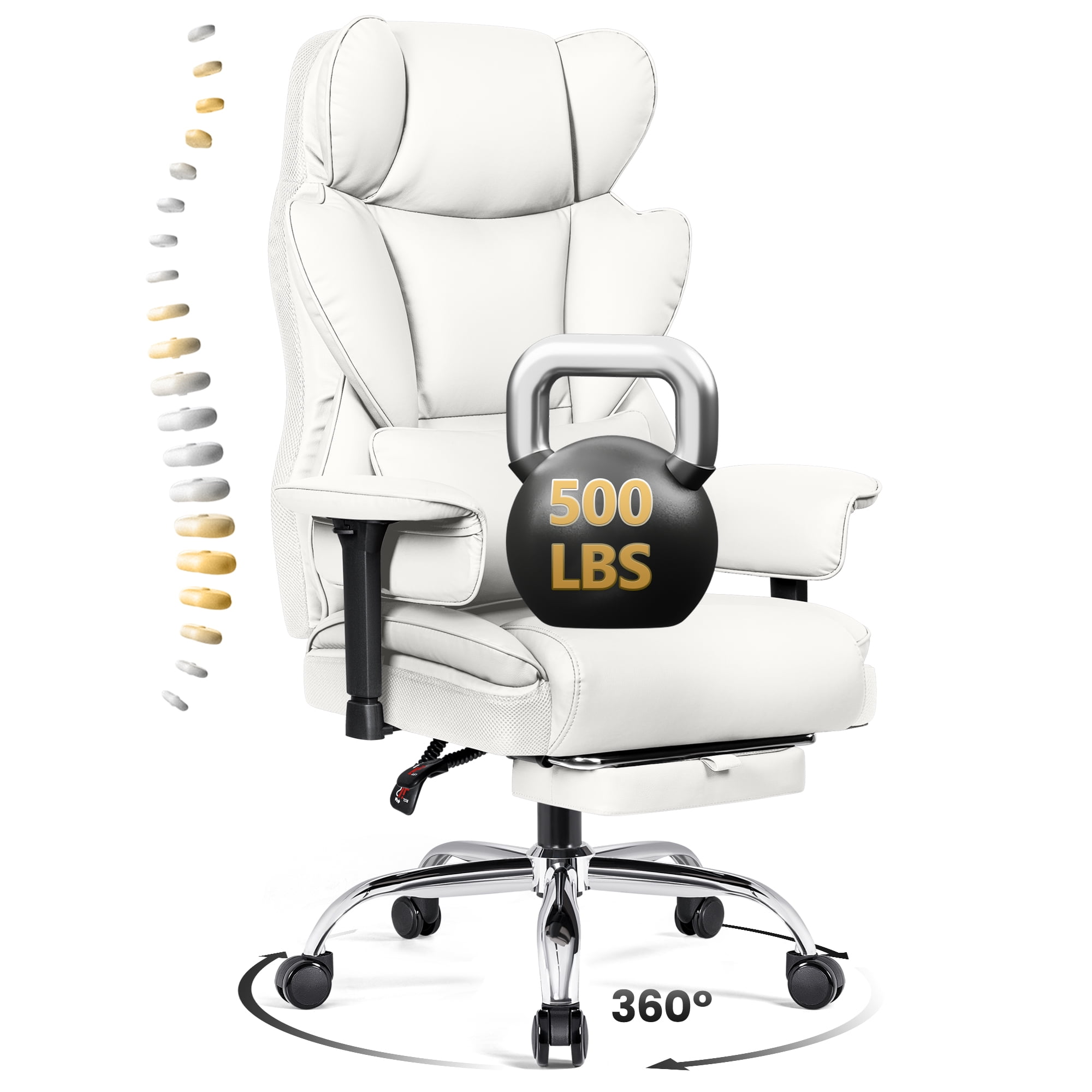 COOLHUT Large Executive Leather Office Chair with Footrest, Ergonomic Reclining Design, High Back and Lumbar Support, Ideal for Big and Tall Users, Perfect for Home Office or Computer Desk Use, White
