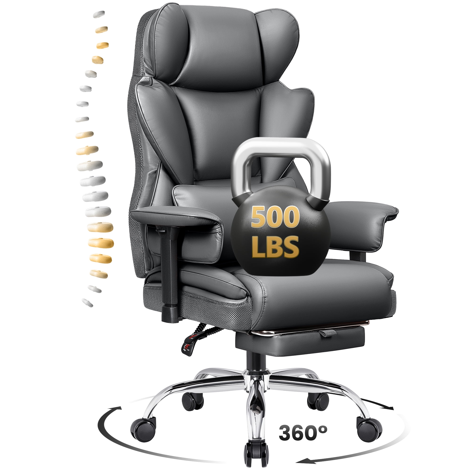 COOLHUT Large Executive PU Leather Office Chair with Adjustable Armrests and Footrest, High Back and Lumbar Support, Ideal for Big and Tall Users, Perfect for Home Office or Computer Desk Use, Gray