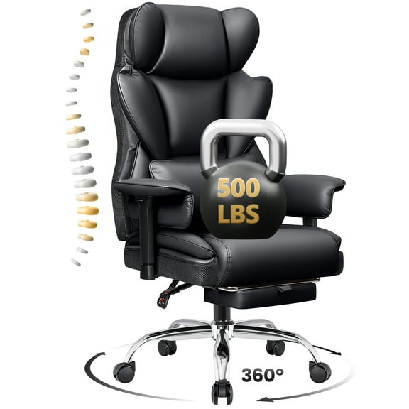 COOLHUT Large Executive PU Leather Office Chair with Adjustable Armrests and Footrest, High Back and Lumbar Support, Ideal for Big and Tall Users, Perfect for Home Office or Computer Desk Use, Black