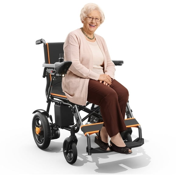 CoolHut Electric Wheelchair 15+ miles Range All Terrain, Portable Motorized Wheelchair for Seniors, Lightweight Foldable Electric Wheelchair, 5 years warranty, 500W Dual Motors Powerful, Orange