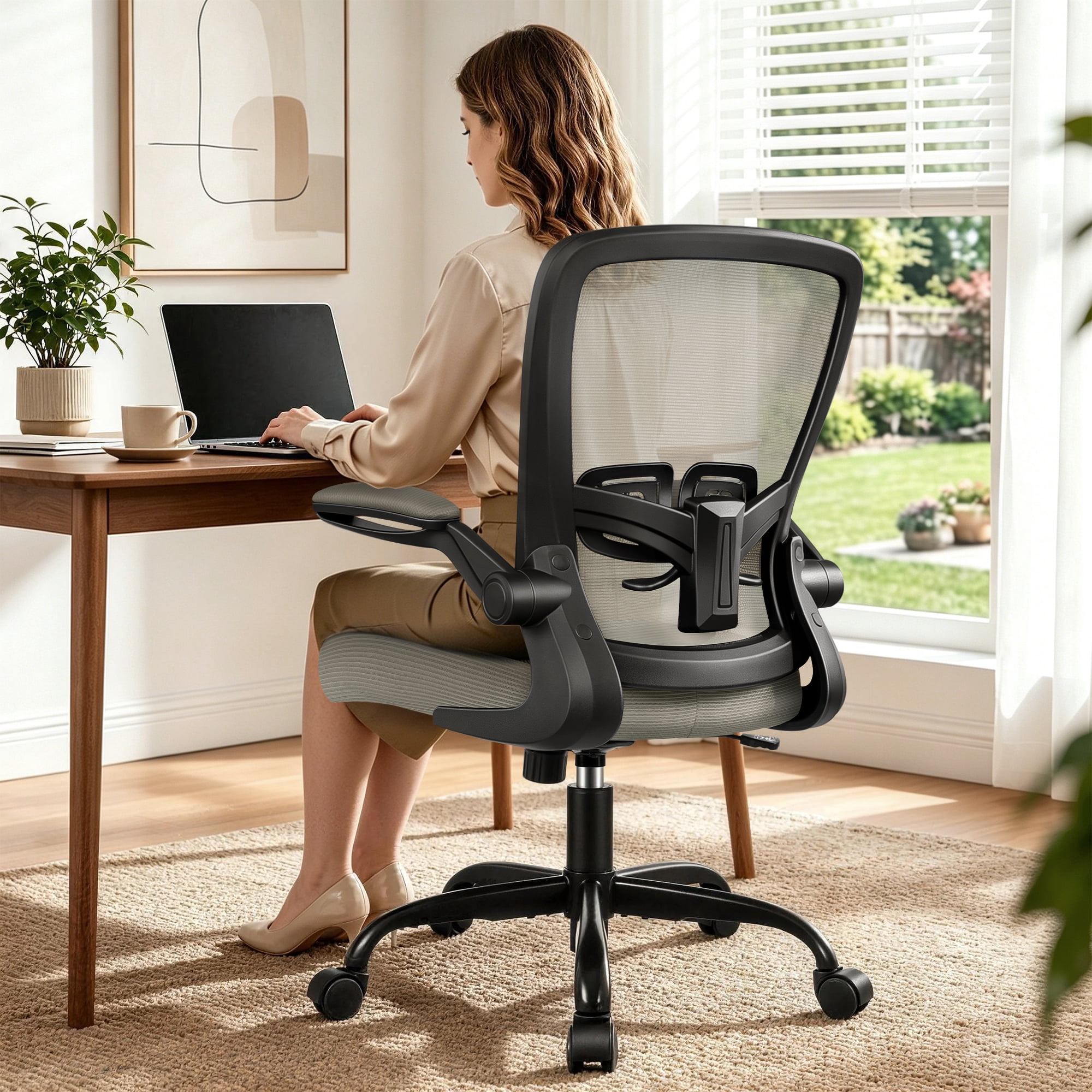 COOLHUT Ergonomic Office Chair, Home Office Desk Chair, Comfort Mesh Task Chair with Adjustable Lumbar Support and Flip up Arms, Gray