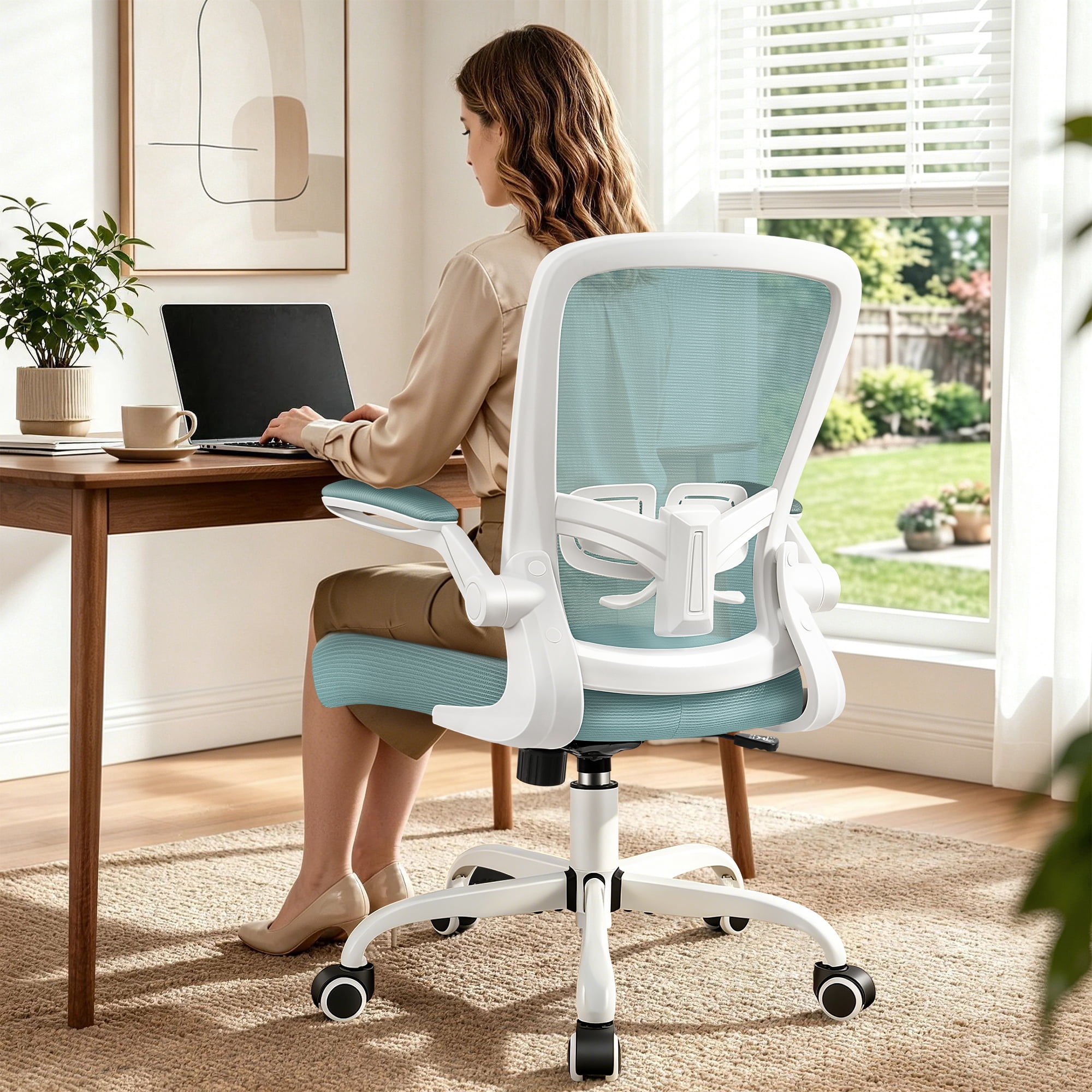 COOLHUT Ergonomic Office Chair, Home Office Desk Chair, Comfort Mesh Task Chair with Adjustable Lumbar Support and Flip up Arms, Light Blue