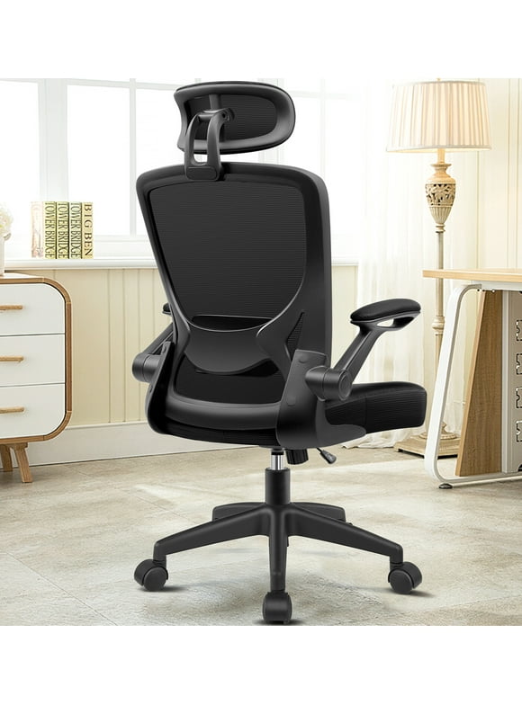 CoolHut Office Chair, High Back Ergonomic Desk Chair, Mesh Desk Chair with Adjustable Lumbar Support, headrest and Flip-up Armrests, 300lb (Black)