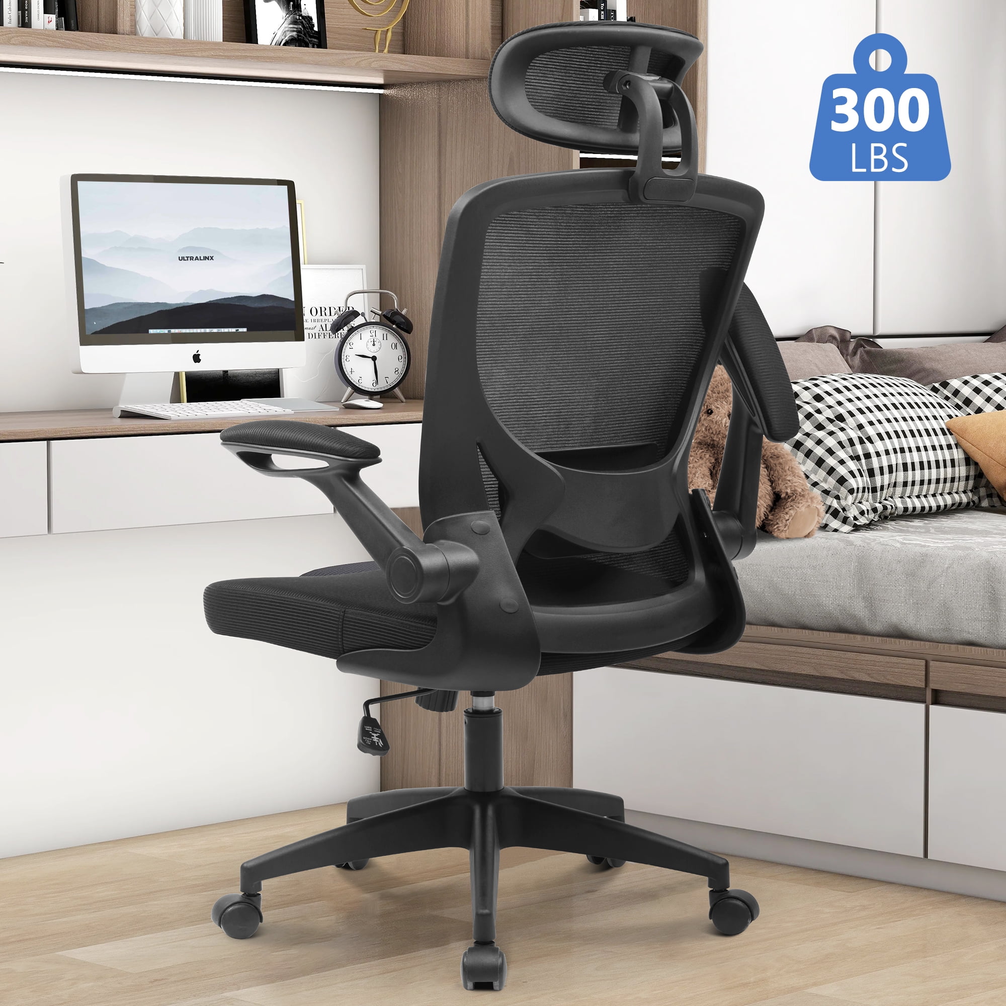 Coolhut Office Chair with Lumbar Support and Flip-up Arms, Ergonomic Desk  Chair, Black