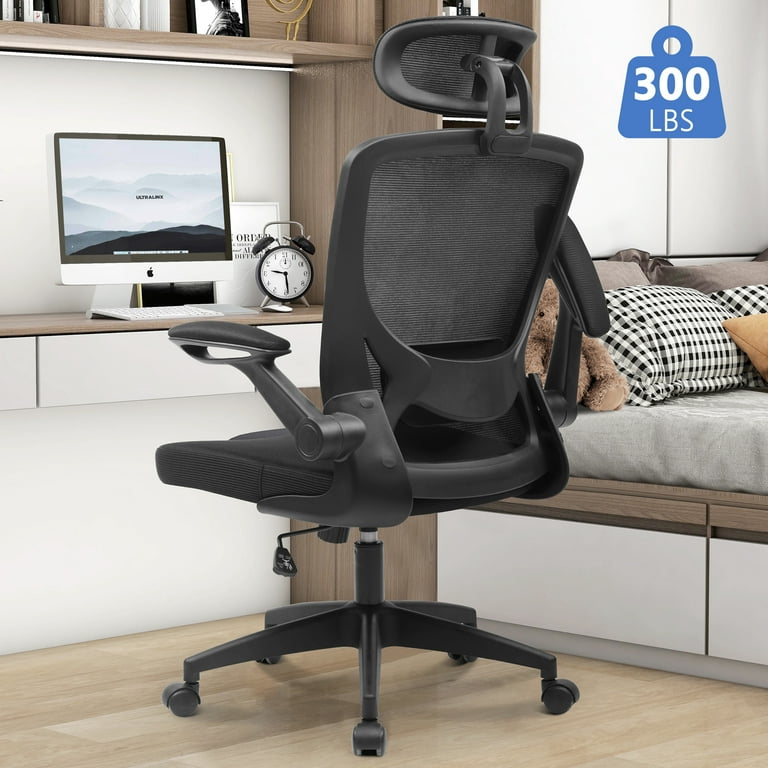 CoolHut Office Chair, High Back Ergonomic Desk Chair, Mesh Desk Chair with  Adjustable Lumbar Support, headrest and Flip-up Armrests, 300lb (Black)