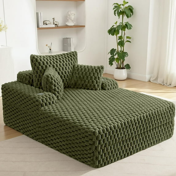COOLHUT 46.7" W Oversized Floor Chaise Lounge Chair Sofa with Cup Holders, Cloud Plush Floor Sofa Bed Upholstered Deep Seat Sleeper Reading Chair Couch for Living Room, No Assembly, Olive Green