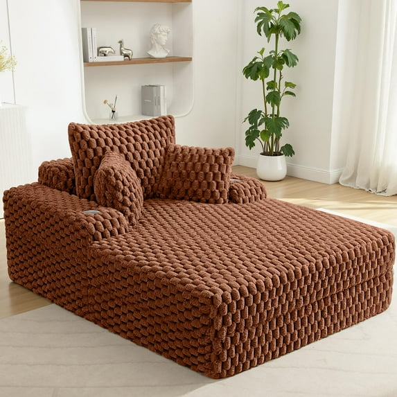 COOLHUT 46.7" W Oversized Floor Chaise Lounge Chair Sofa with Cup Holders, Cloud Plush Floor Sofa Bed Upholstered Deep Seat Sleeper Reading Chair Couch for Living Room, No Assembly, Pumpkin Brown