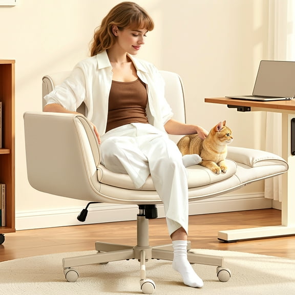 COOLHUT Criss Cross Office Chair with Armrests and Wheels, PU Leather Vanity Chair, Comfy Adjustable Swivel Computer Office Desk Chairs for Home Office, Make Up, Bedroom, Beige